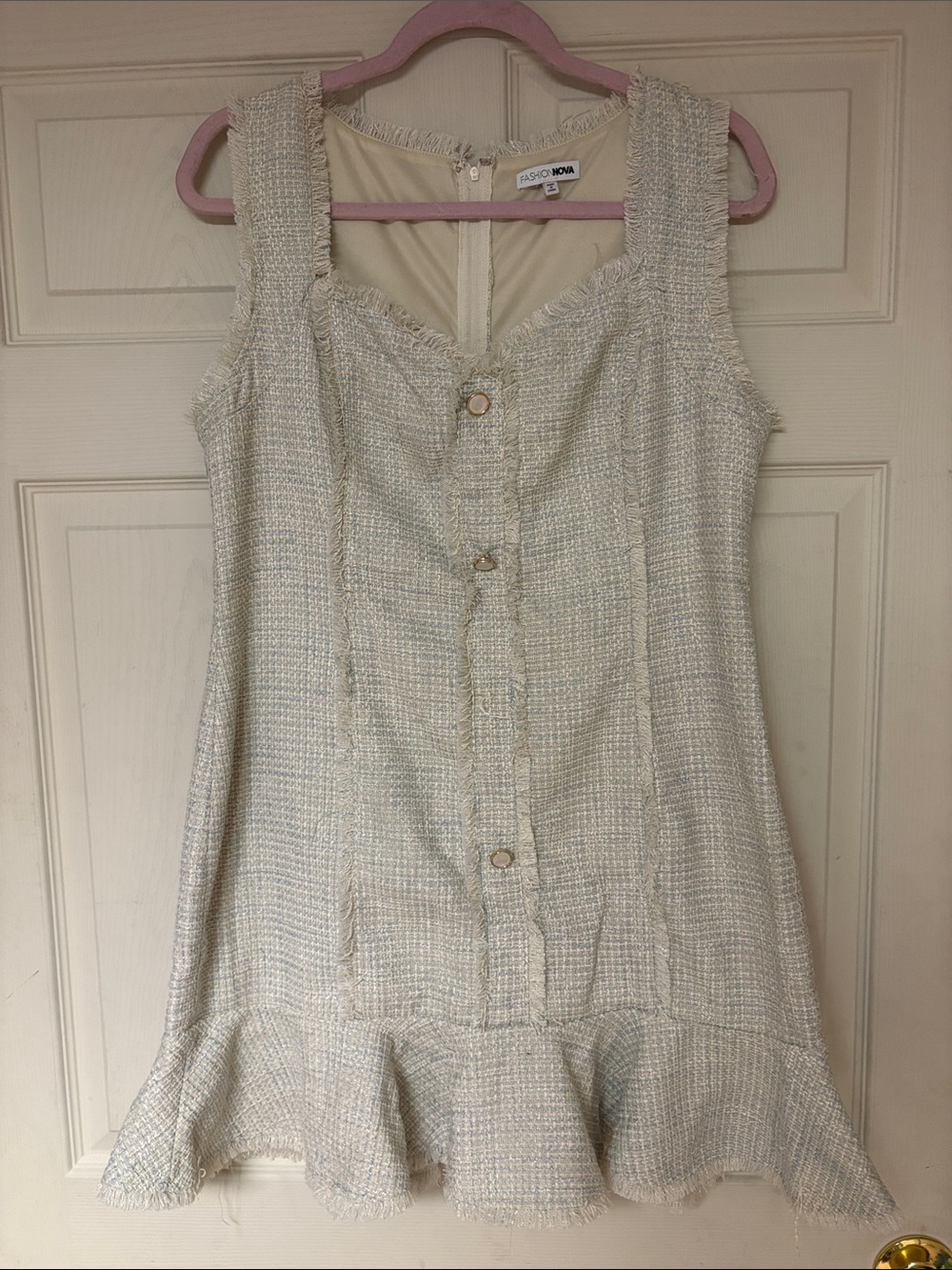 Fashion Nova Cream Fringe Tweed Dress
